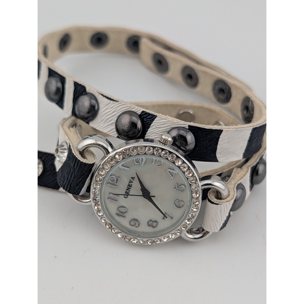 Geneva Zebra Wrap Watch 28mm Case Crystal Bezel MOP Dial- New Battery